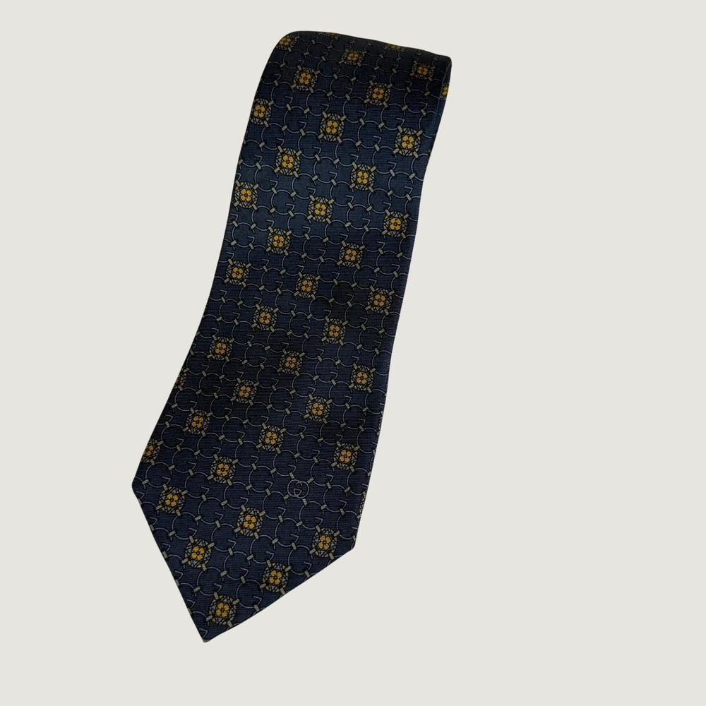 Vintage Gucci Silk Tie Blue Gold GG Geometric Medallion Italy 100% Silk